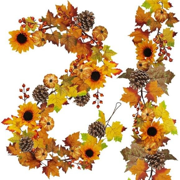 2 Pack Fall Maple Leaf Garland - 6ft/Piece Artificial Berries Sunflower Pumpkin - Picture 1 of 8